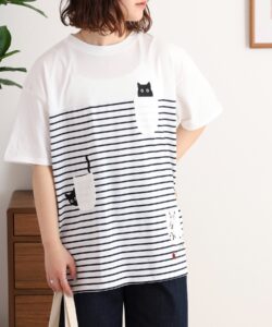 多ポケット刺しゅうボーダーTシャツ　５分袖いろいろ猫