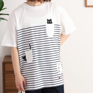 多ポケット刺しゅうボーダーTシャツ　５分袖いろいろ猫