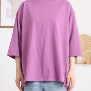 七分袖 刺繍レース切替プルオーバー