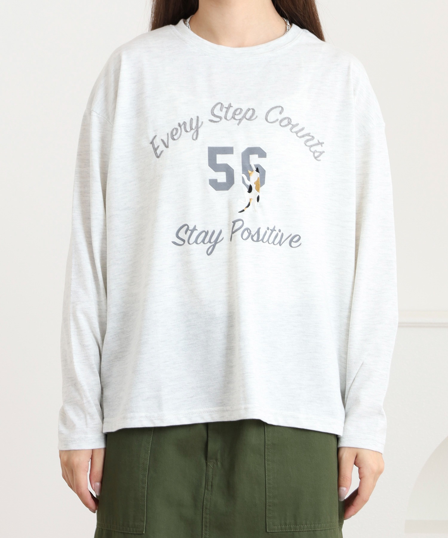 プリント+刺繍 長袖Tシャツ