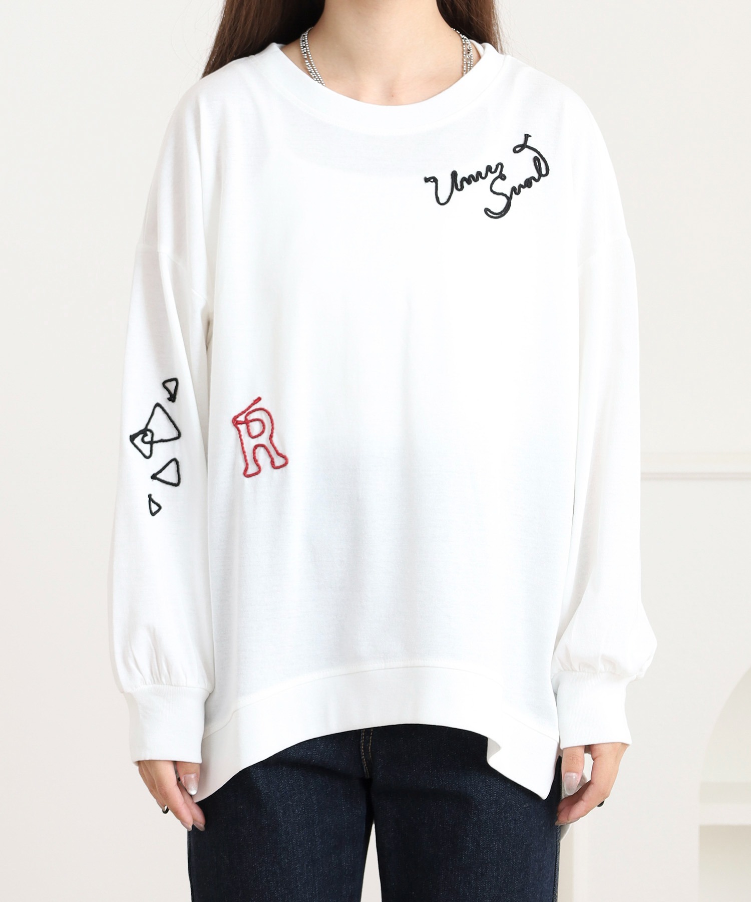 裾ドロストコード刺繍 長袖プルオーバー