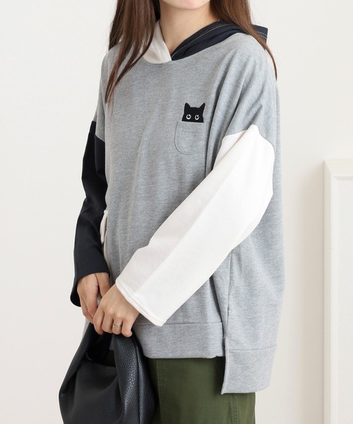 覗きネコ 刺繍ポケット付きプルパーカー - 画像 (4)
