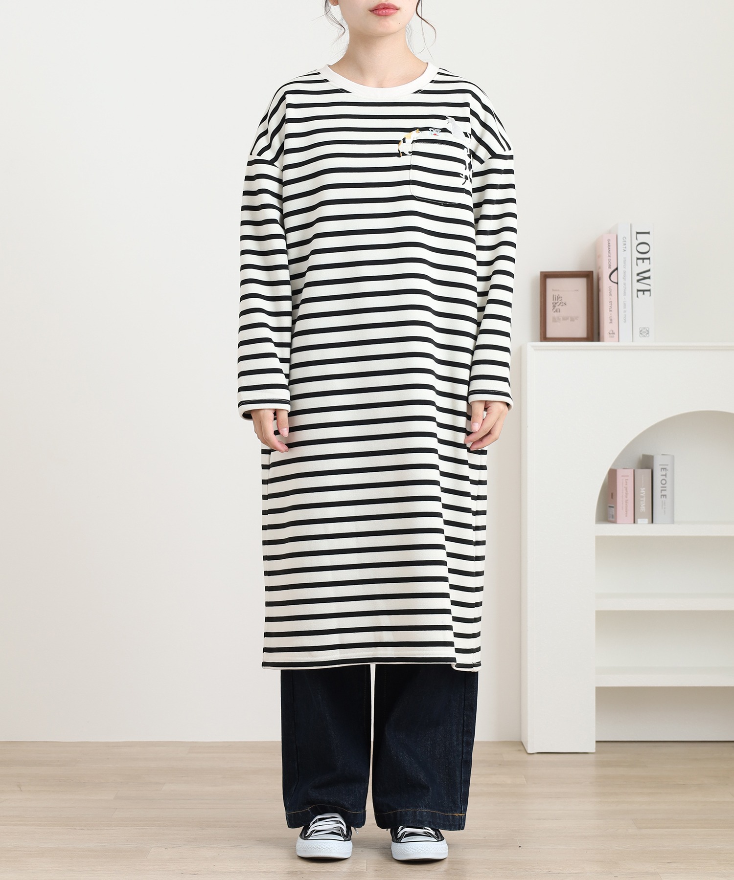 配色ステッチポケット刺繍ワンピース