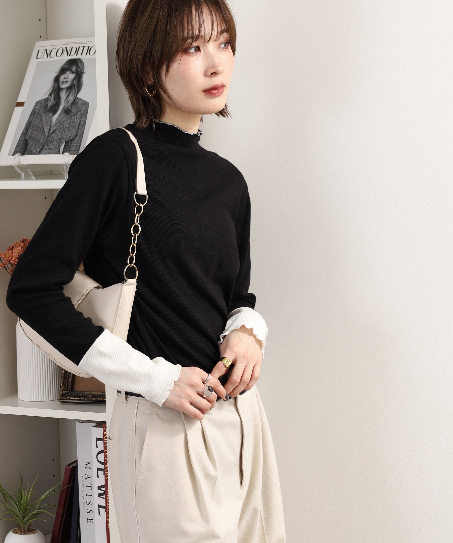 袖配色切替ボトルネックTシャツ 長袖 - 画像 (4)